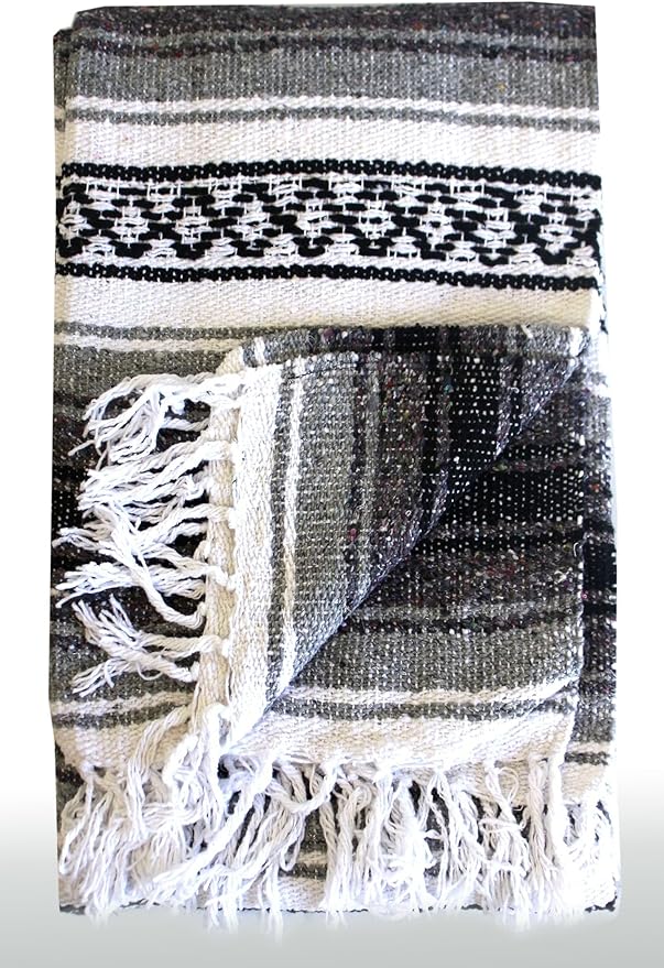 Del Mex Classic Mexican Blanket, Large Authentic Woven Falsa Throw (70"x50"), Artisan Southwest Décor for Beach, Yoga, Outdoors (Gray)