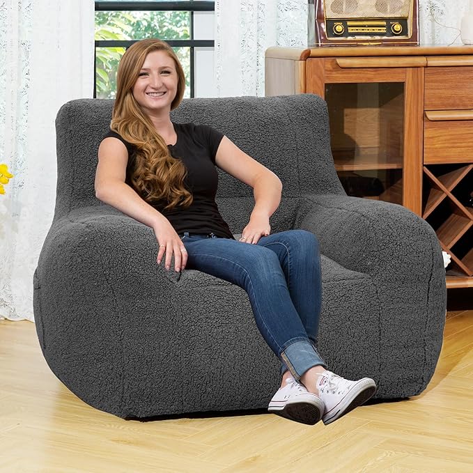 Giant Bean Bag Chair, Lambswool Bean Bag Chair for Adults, Soft Bean Bag High-Density Foam Filled, Grey Comfortable Been Bag for Bedroom, Playroom.