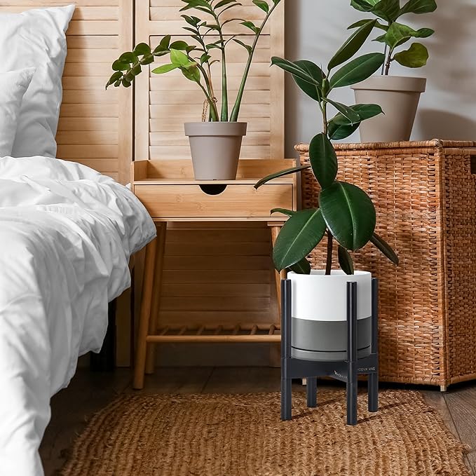 D'vine Dev Ceramic Planter with Ebony Stand - 8 Inch Modern Round Flower Pot with Wood Planter Holder, White/Grey, 55-B-M-6