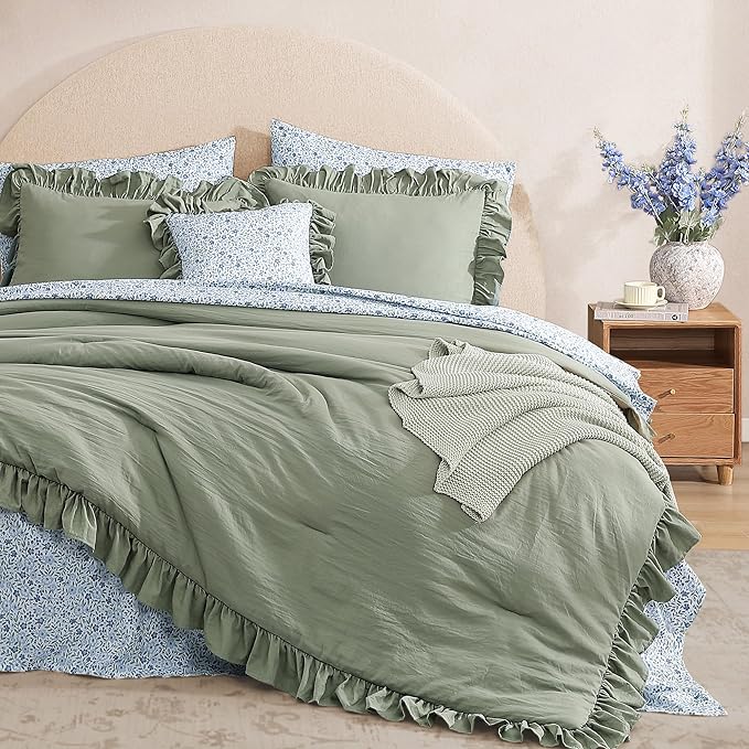 Full Comforter Set - 7 Pieces Ruffle Sage Green Bedding Sets, Shabby Chic Farmhouse Bed in a Bag Full with Ruffle Comforter, Floral Sheets, Pillowcases & Shams