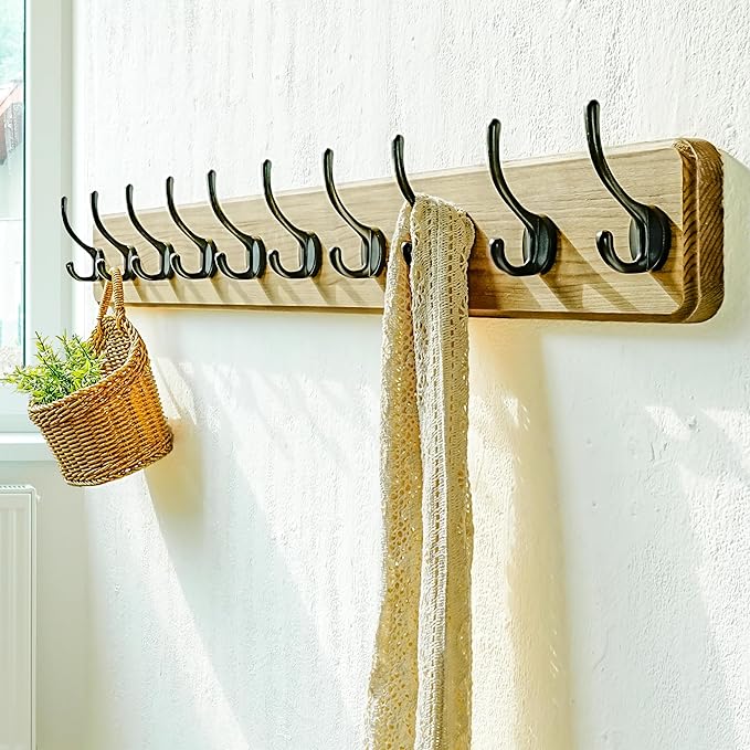 Dseap Coat Rack Wall: 38-1/4" Long, Patented, Heavy-Duty, 10-Double-Hooks Wooden Wall Mounted Coat Rack Coat Hanger Hook Rail for Winter Coats Hat Jacket Clothing, Weathered Brown, Pack of 2