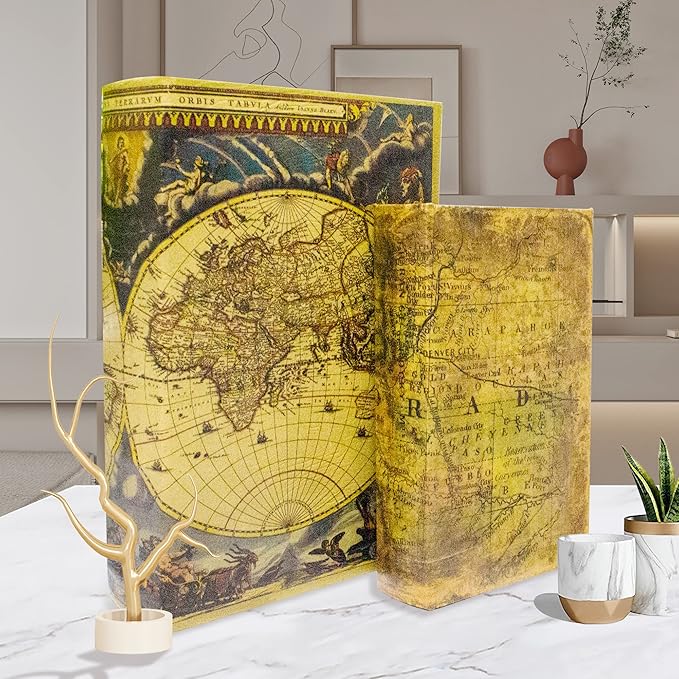 Decorative Book Box Set of 2, Trinket Keepsake Storage Boxes Book Shaped Storage Box Vintage Style Decorative Faux Books Boxes Globe Antique Books for Home Decoration Old World Map Pattern