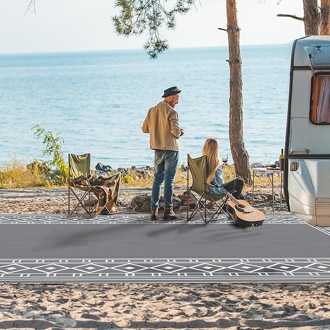 GENIMO Outdoor Rug Waterproof Area 10'x14' for Patio, Foldable Reversible Plastic Straw Carpet for Travel Trailers, Outside Mat for Rv, Deck, Picnic, Porch, Camper, Balcony, Beach, Grey & White