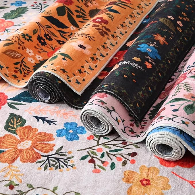 Door Mat Indoor Entrance 2x3 Rug Machine Washable Boho Floral Small Area Rug Non-Slip Low Pile Throw Rugs for Entryway, Kitchen, Front Door Indoor Entrance, Entry, Kids Room (Beige)