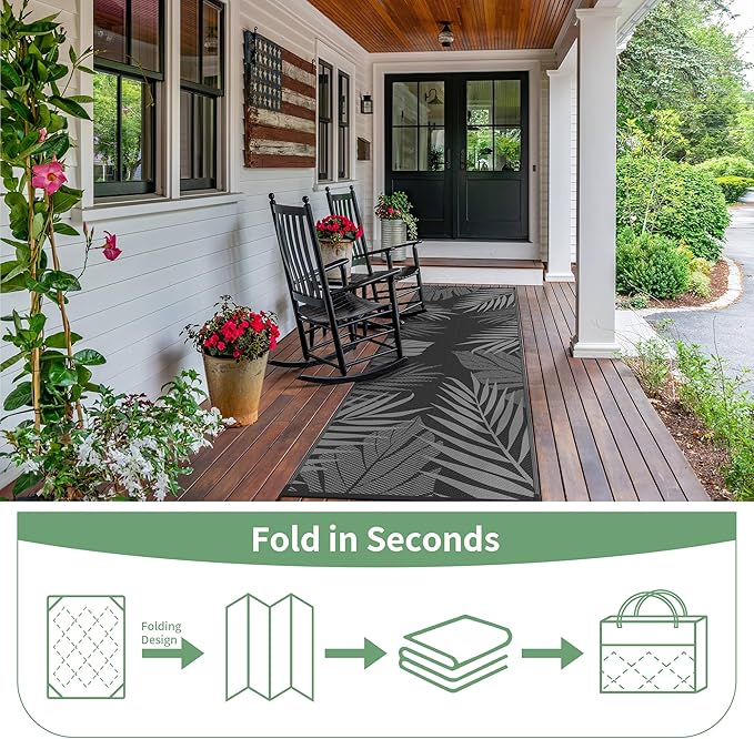 GENIMO Outdoor Rug 2.5' x 8' Waterproof for Patios Clearance, Reversible Outdoor Plastic Straw Camping Rug Carpet, Large Area Rugs Mats for RV, Camper, Deck, Balcony, Porch, Beach, Picnic, Black&Grey