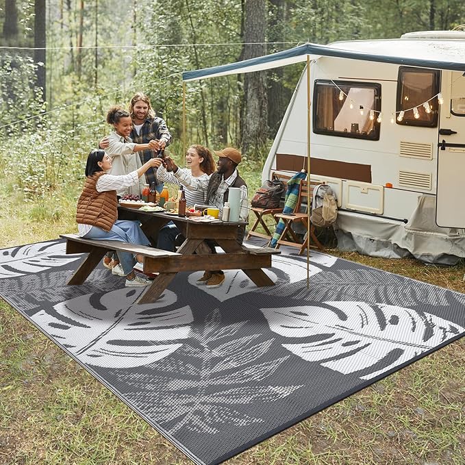 GAOMON Waterproof Outdoor Rug 8x10 Reversible Outdoor Plastic Straw Rug Modern Patio Carpet, Foldable Lightweight RV Camping Mat with Portable Bag & 4 Stakes, UV Resistant & Sturdy for Picnic, Grey