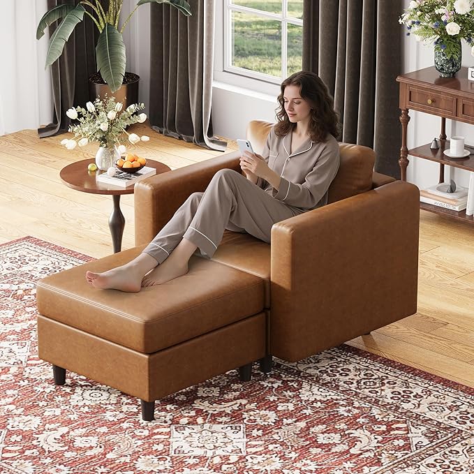 Faux Leather Single Sofa with Storage Ottoman, Modern Accent Chair Deep Seat Large Reading Armchair, Chaise Lounge Chair for Living Room Bedroom Office Brown