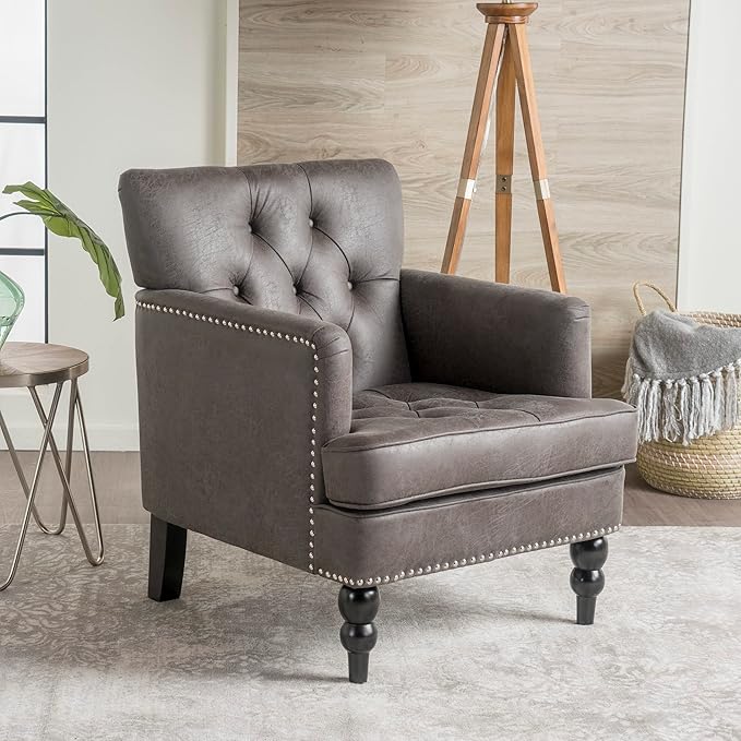Christopher Knight Home GDFStudio Medford Brown Tufted Club Chair, Fabric Accent Chair with Studded Nailhead Accents