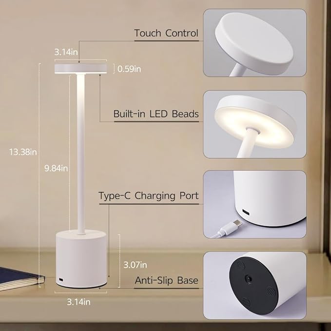 Cordless Table Lamp, 5000mAh Rechargeable Battery Powered LED Desk Lamp, Portable Touch Control Outdoor Table Lamps,3 Color Dimmable Light for Restaurant, Patio, Bedroom, Night Lamp (White)