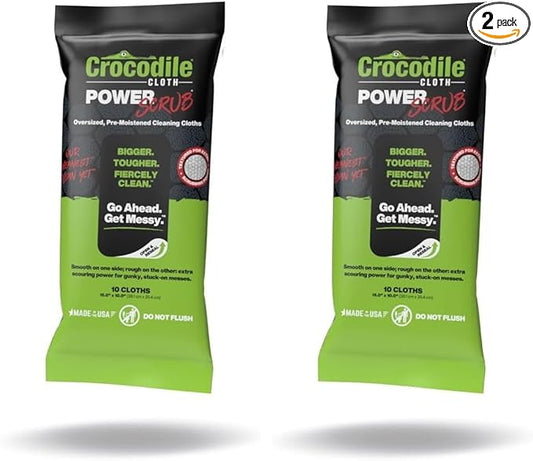 Crocodile Cloth PowerScrub - 10 Dual Surfaced Cloths, 10in X 15in. Large, Moist, Absorbent and Disposable Cleaning Cloths. Safe on Skin and Multiple Surfaces (Pack of 2)