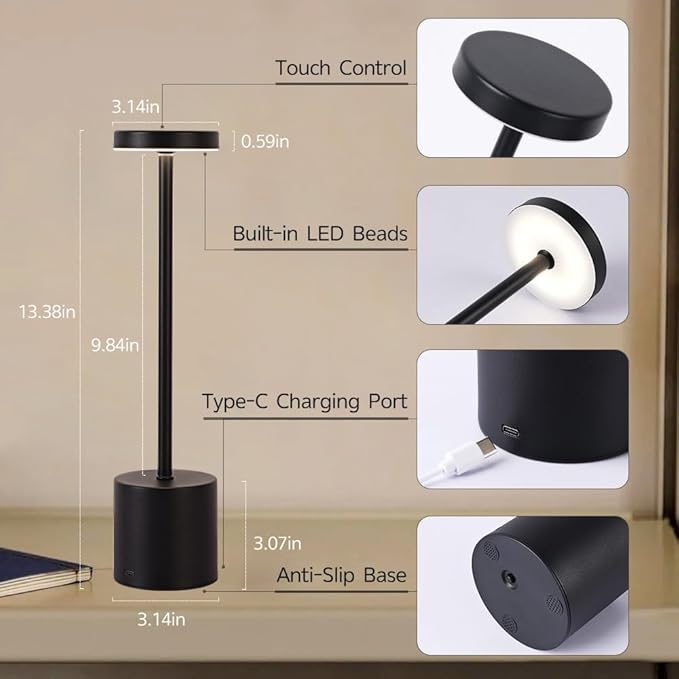 Cordless Table Lamp, 5000mAh Rechargeable Battery Powered LED Desk Lamp, Portable Touch Control Outdoor Table Lamps,3 Color Dimmable Light for Restaurant, Patio, Bedroom, Night Lamp (Black)