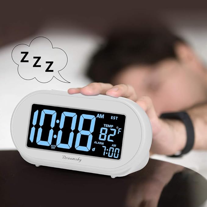 DreamSky Alarm Clocks for Bedrooms, Auto Set Digital Desk Clock for Bedside Nightstand, Electric Clock with Dimmable Brightness Dimmer, Auto DST, USB Port, Date, Temperature, Snooze