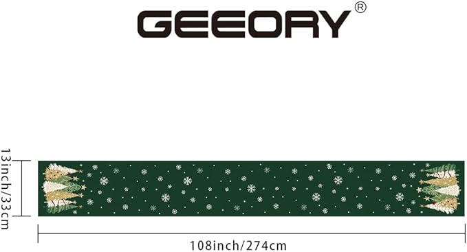 GEEORY Christmas Table Runner 13x108 Inch, Xmas Trees Snowflakes Holiday Decorative Farmhouse Table Decoration for Kitchen Dinning, Indoor Outdoor Dinner Party Decor (Green) GT152-108