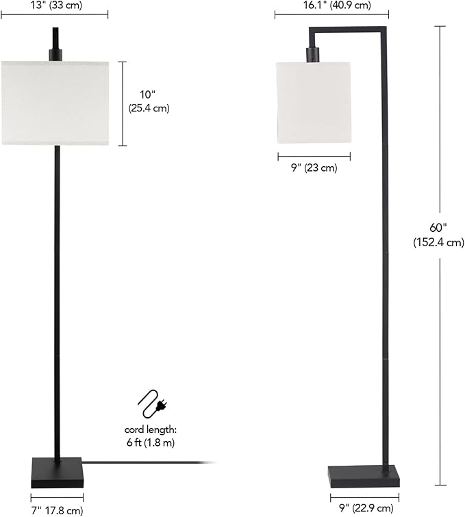 Globe Electric 61000052 60" Floor Lamp, Matte Black, Square White Fabric Shade, On/Off Rotary Switch on Socket, Square Rod, Reading Lamp, Home Office Accessories, Home Décor, Home Improvement
