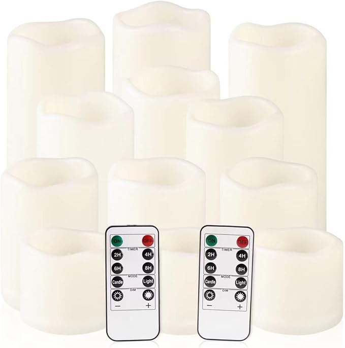 Flameless Battery Operated Outdoor Waterproof Set of 12(D: 3" x H: 3" 4" 5" 6") Pillar LED Candles with 10-Key Remote and Cycling 24 Hours Timer