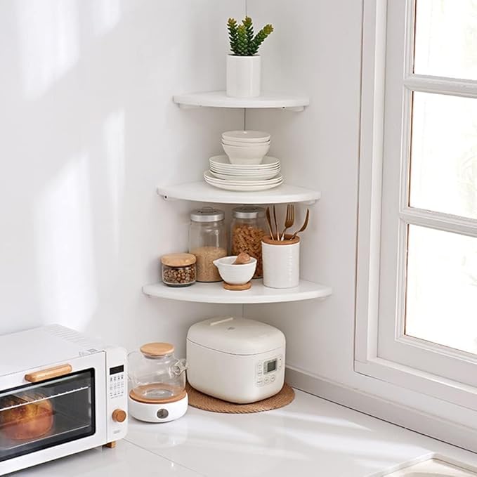 Corner Wall Shelves, White Floating Corner Shelf, Set of 2 16inch Solid Oak Wood Shelves, Round End Wall Mount Display Shelf with Wire Hole for Small Plant for Bedroom Kitchen, Living Room