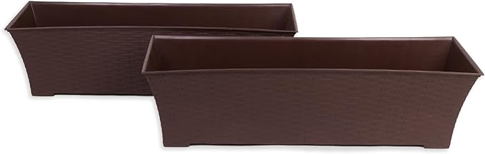 Elly Décor Set of 2 24x8 Rectangular Modern, Resistant and Self Watering Planter with Rattan-Like Finish, 24", Chocolate Brown