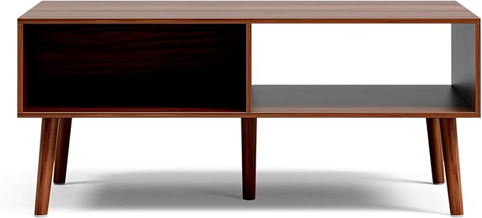 Coffee Table with Storage, Mid Century Dining Table with Sliding Fluted Door and Solid Wood Legs, Small Coffee Tables for Living Room, Walnut