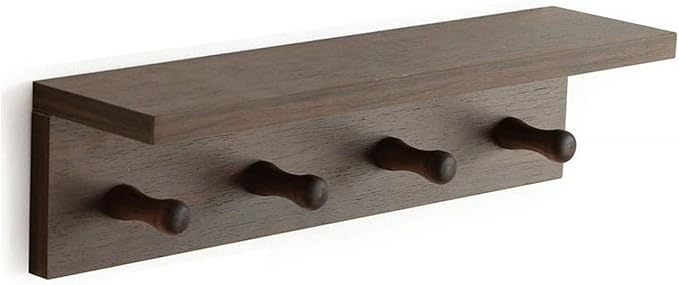Entrance Coat Rack ，Coat Hooks, Wall-Mounted Wooden Hook Rack, Wall-Mounted Shelves are Very Suitable (Walnut Colored Finish-1)