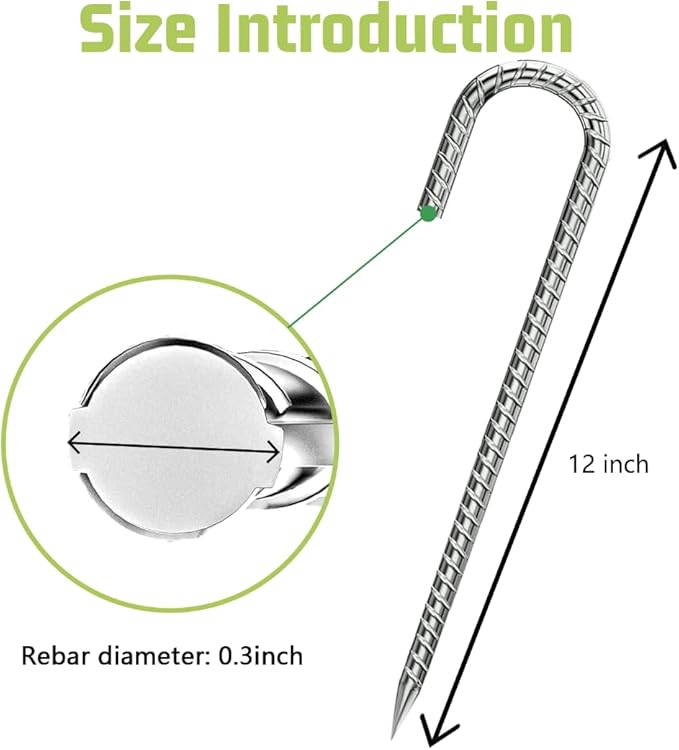 Ground-Stakes-Heavy-Duty-12 inch, J-Hook Rebar Stakes Galvanized Anti-Rust 6pcs Garden Stakes Metal Ground Anchors for Garden Dog Fence Chicken Coop Christmas Decorations Deer Fence