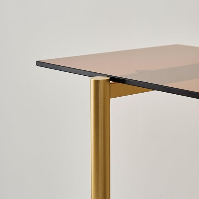 Glass Console Table for Living Room, Foyer & Entrance, 2-Tiers Mid-Century Modern Sofa Table with Amber Glass Top, Walnut Finish Wood Shelf and Gold Finish Frame