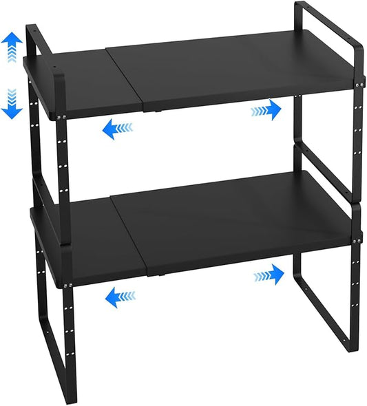 Expandable Cabinet Shelf Organizer, Stackable Kitchen Pantry Counter Storage, Adjustable Closet Cupboard Stand Rack Risers Spice Organization 80LBS Heavy Duty Black 2 Pack
