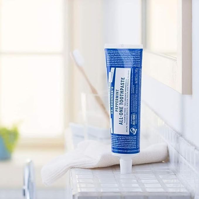 Dr. Bronner’s All-One Toothpaste Pack of 3– Peppermint, 5 oz– Fluoride-Free Toothpaste for Adults, SLS-Free, 70% Organic & Natural Ingredients, Vegan, Helps Freshen Breath & Reduce Plaque