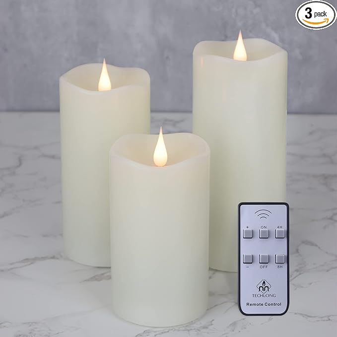 Flickering Flameless Candles with 3D Moving Flame Set of 3(H 5" 6" 7" x D 3"), Last 1000+ Hours Battery Operated Candles with Remote Timer, Ivory Real Wax Electric LED Pillar Candles
