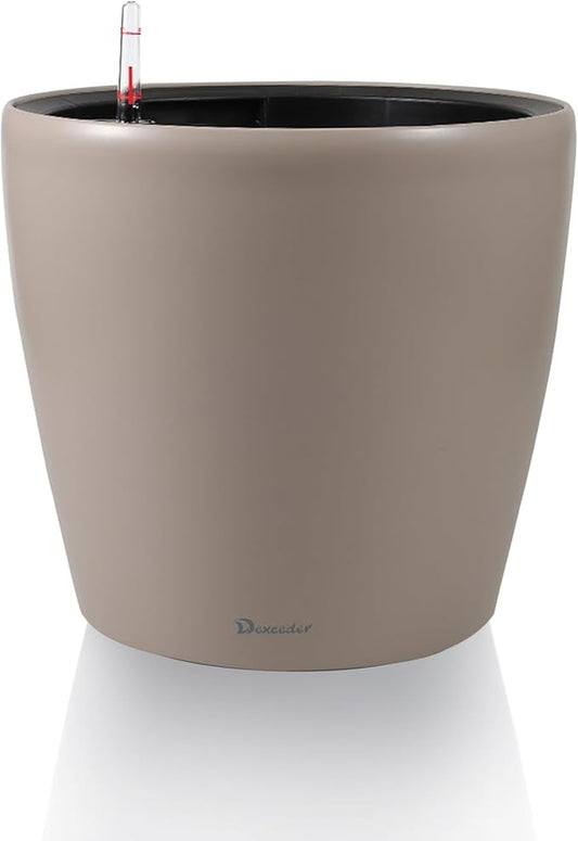 Dexceder 9x8 Inches Self Watering Planter Indoor Outdoor, Inner Pot Design, Thickened Table Flower Plant Pot with Water Level Indicator (Taupe Matte)