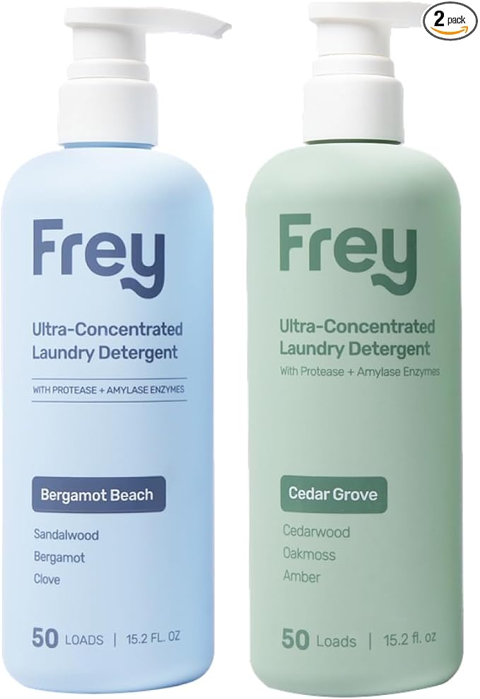 FREY Concentrated Liquid Laundry Detergent | Formulated for Sensitive Skin & HE Washers | Removes Stains Effectively | 50 Loads per Bottle (Cedar Grove & Bergamot Beach)