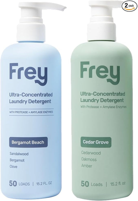 FREY Concentrated Liquid Laundry Detergent | Formulated for Sensitive Skin & HE Washers | Removes Stains Effectively | 50 Loads per Bottle (Cedar Grove & Bergamot Beach)