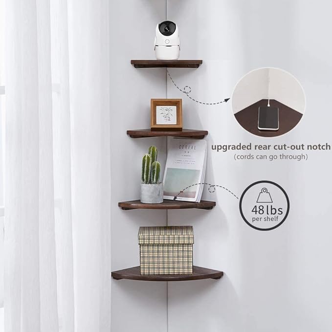 Corner Shelf, 7inch Solid Walnut Wood Floating Corner Shelf Wall Mount Round End Floating Speaker Rack with Wire Hole for Small Plant Photo Frame for Bedroom Kitchen, Living Room