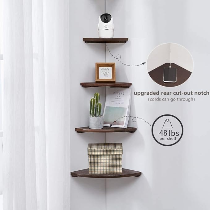 Corner Shelf,16inch Walnut Solid Wood Floating Corner Shelves Wall Mount Round End Floating Speaker Rack with Wire Hole for Small Plant for Bedroom Kitchen, Living Room