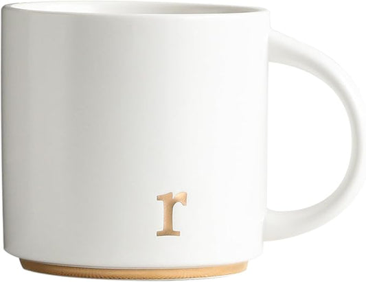 COLLECTIVE HOME - Monogram Ceramic Mugs, 15 oz Golden Initial Coffee Cups, Elegant Alphabet Tea Mugs, Elegant Personalized Mug with Gift Box, Luxurious Cups for Office and Home (r)