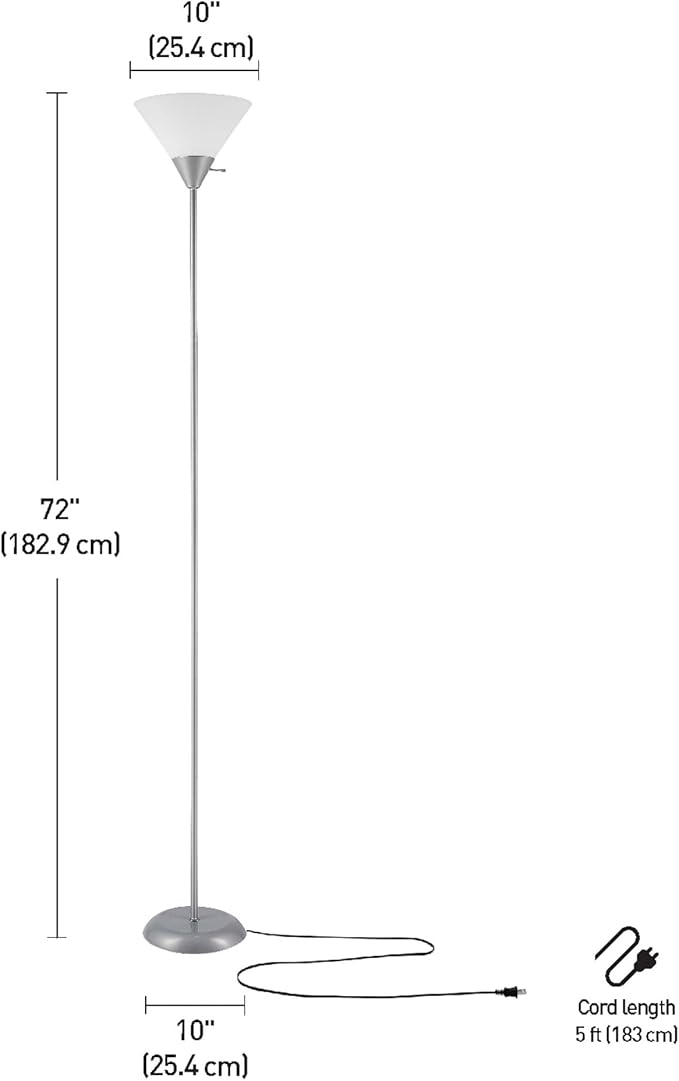 GLOBE Electric 677150 Elliott 72" Floor Lamp, Silver, White Plastic Shade, On/Off Rotary Switch on Shade, Standing, Living Room Decor, Bedroom, Tall, Corner Light