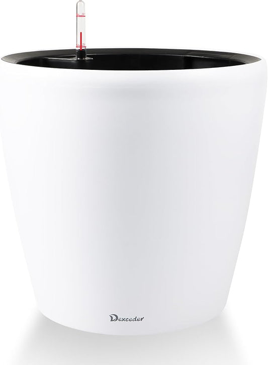 Dexceder 15x14 Self Watering Planter with Wheels Indoor Outdoor, Inner Pot Design, Thickened Large Floor Standing Flower Plant Pot with Water Level Indicator (White Matte)