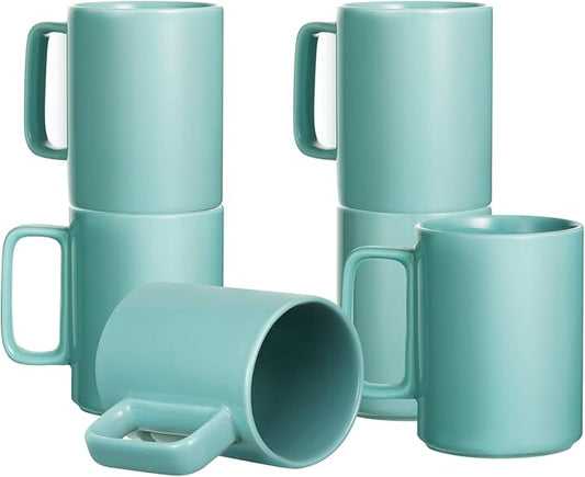 E-liu Porcelain Tea Mugs Coffee Mug Set, Large 15 Ounces Cups for Coffee, Tea, Cocoa, and Mulled Drinks, Set of 6, Turquoise