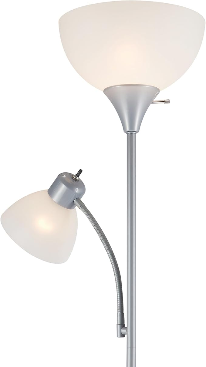 GLOBE Electric 67134 72" Torchiere Floor Lamp and Adjustable Reading Light, Silver, Frosted Shade, Dual Rotary Switch, 3-Step Dimming, Modern Lighting for Living Room or Office, Timeless