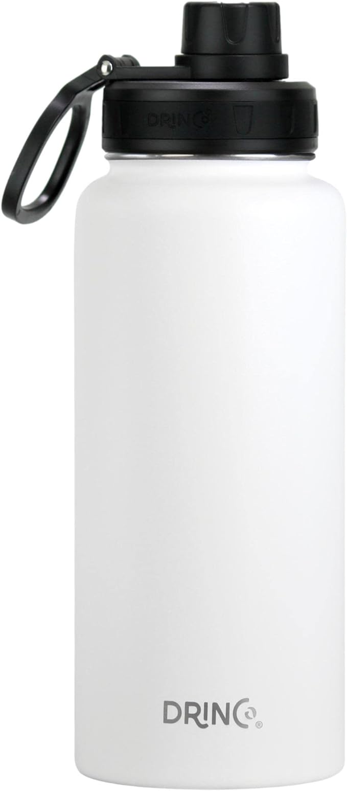 DRINCO Stainless Steel Water Bottle Spout Lid Vacuum Insulated Double Wall Water Bottle Wide Mouth (40oz 32oz 22oz 18oz 14oz) Leak Proof Keeps Cold or Hot (32 oz, 32oz Artic White)