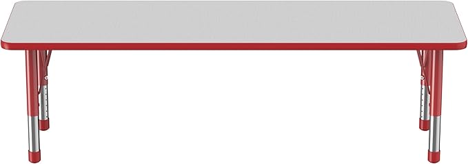 FDP Rectangle Activity School and Classroom Kids Table (24 x 72 inch), Chunky Toddler Legs, Adjustable Table Height 15-24 inches - Gray Top and Red Edge