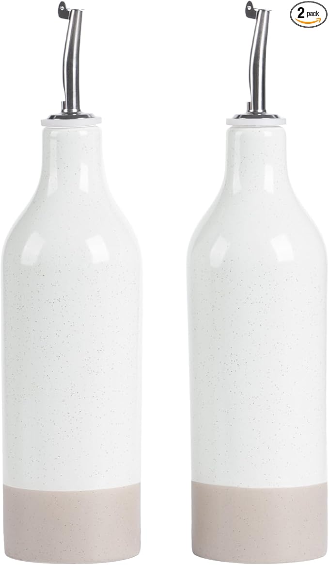 famiware Milkyway 16oz Ceramic Olive Oil Dispenser Bottle, Olive Oil and Vinegar Dispenser Bottle Set of 2 with Stainless Steel Pourers, Suitable for Storage Vinegar, Soy Sauce, Liquids, White