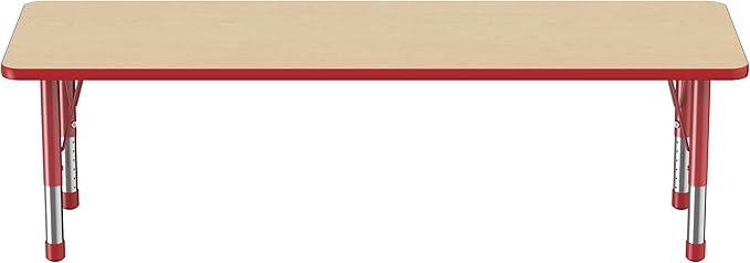 Factory Direct Partners FDP Rectangle Activity School and Classroom Kids Table (24 x 72 inch), Chunky Toddler Legs, Adjustable Table Height 15-24 inches - Maple Top and Red Edge