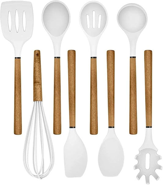 Country Kitchen Non Stick Silicone Utensil Set with Rounded Wood Handles for Cooking and Baking, 8 Piece Set, White