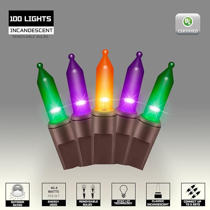 100LIGHTS Orange Purple and Green Extra-Bright with End Connectors Halloween Decorative Lights 5.98m UL Certified Mini String Light Set Waterproof for Halloween Home Garden Tree Party Patio
