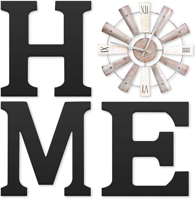 Farmhouse Home Signs with Windmill Clock Wall Decor Rustic Home Letters Wall Art for Living Room Kitchen Entryway Dining Room Bedroom (black)