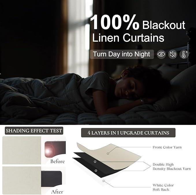 DANCURTON Linen Blackout Back Tab Curtains for Bedroom Windows Linen Colored 52 Inch Wide by 92 Inch Length 2 Panels