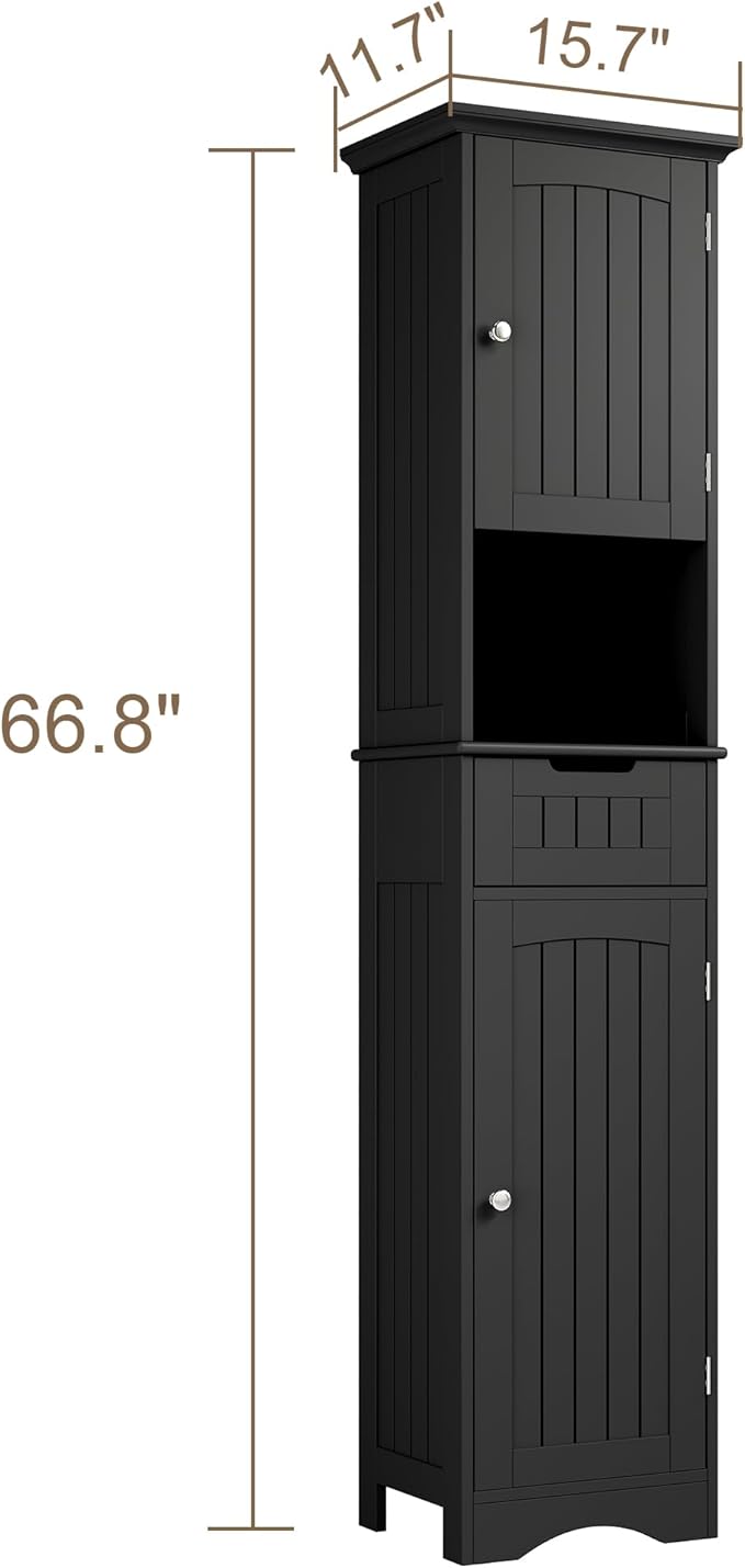 ChooChoo 67" Tall Bathroom Storage Cabinet Freestanding with Adjustable Shelves, Narrow Storage Linen Cabinet with 2 Doors and 1 Drawers for Bathroom, Living Room, Kitchen, Black