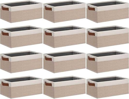 GhvyenntteS Small Fabric Storage Bins 12 Pack, 11.8" x 7.87" x 5.11" Storage Basket with Leather Handles, Closet Storage Bins for Shelves, Storage Baskets for Shelves, DVD Storage (Pink/White)