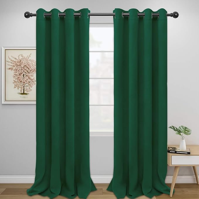 Easy-Going Blackout Curtains for Bedroom, Solid Thermal Insulated Grommet and Noise Reduction Window Drapes, Room Darkening Curtains for Living Room, 2 Panels (52x96 in,Dark Green)