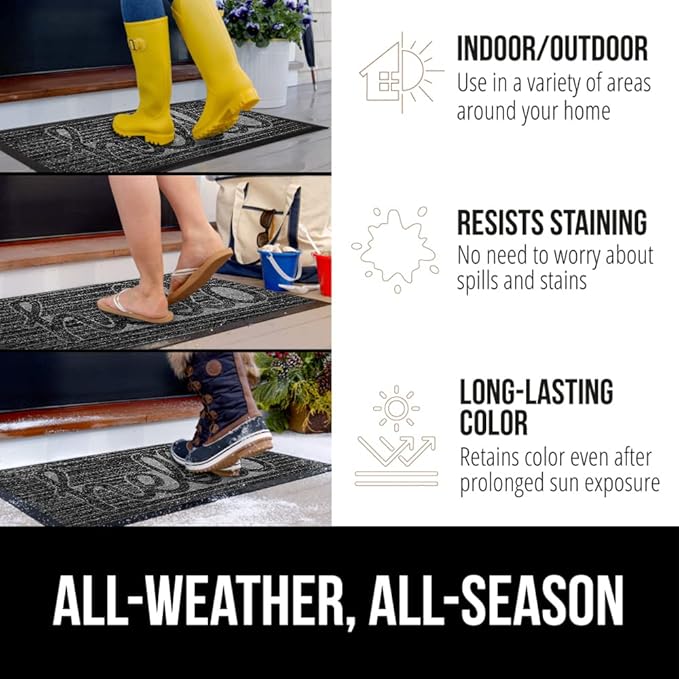 GORILLA GRIP 100% Waterproof All-Season WeatherMax Doormat, 47x35, US Designed Natural Rubber, Stain and Fade Resistant, Low Profile Indoor Outdoor Door Mats, Easy Clean Patio Mat, Charcoal Hello